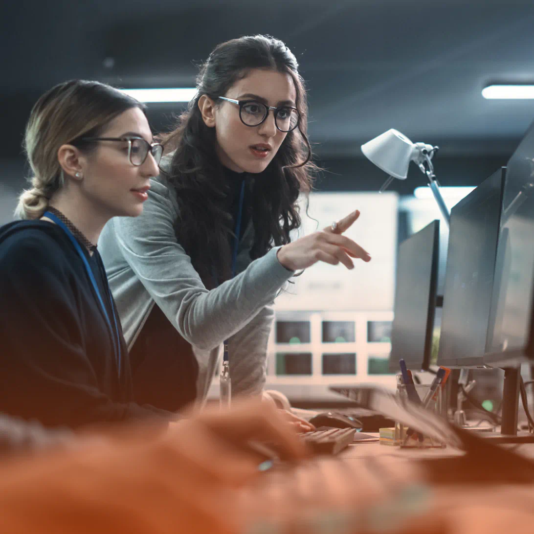 Two professionals looking at computer monitor